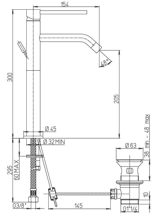 miscelatore lavabo alto paini cox a roma schema tecnico